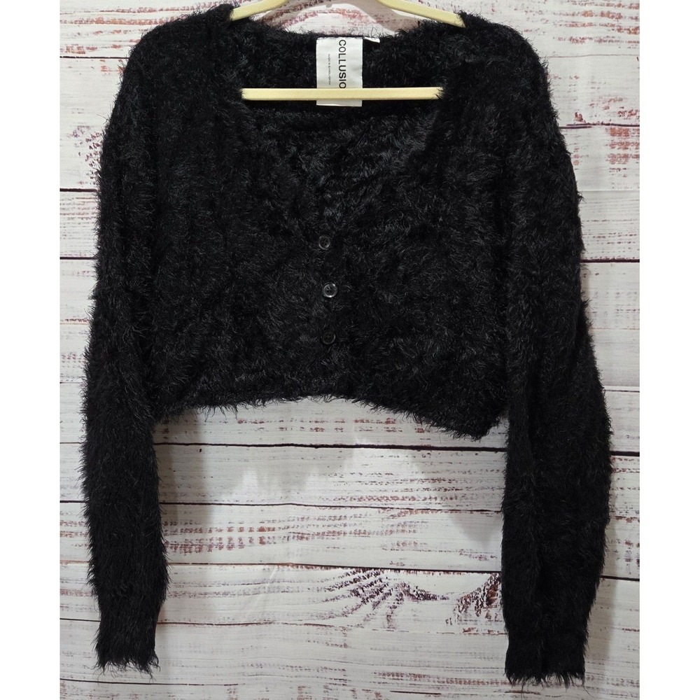 Cropped Whimsigoth Y2K Fuzzy Sweater‎ Button Up Long Sleeve Grunge